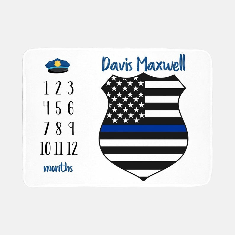 Policeman Baby Milestone Blanket, Thin Blue Line Baby Blanket With Customized Name For Baby Boy Girl Nursery, Son, Grandson