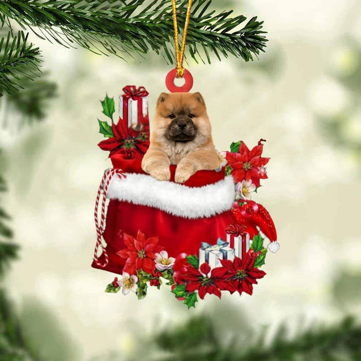 Custom Name Chow Chow In Red Gift Bag Acrylic Christmas Ornament, Customized Christmas Gift For Dog Lovers, Dog Mom