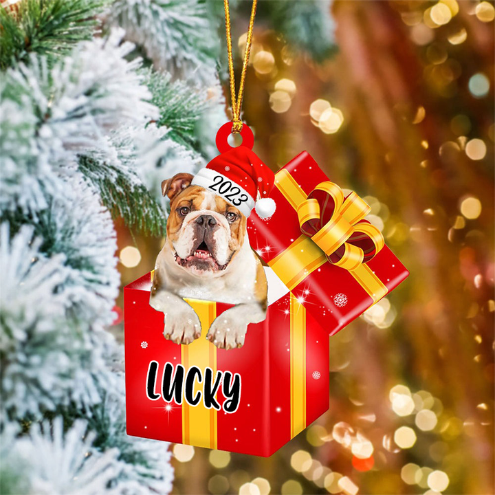 Custom Bulldog In Red Gift Box Acrylic Christmas Ornament Customized Name Pet Christmas Ornament - Gift For Dog Lovers, Pet Lovers