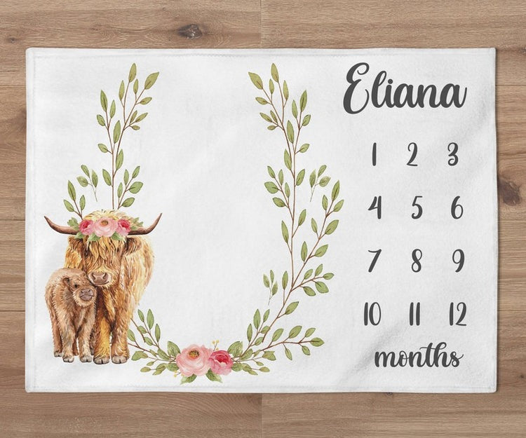 Highland Cow Baby Milestone Blanket With Customized Name For Baby Girl Boy Nursery, Daughter, Granddaughter, Son, Grandson, Month Gifts