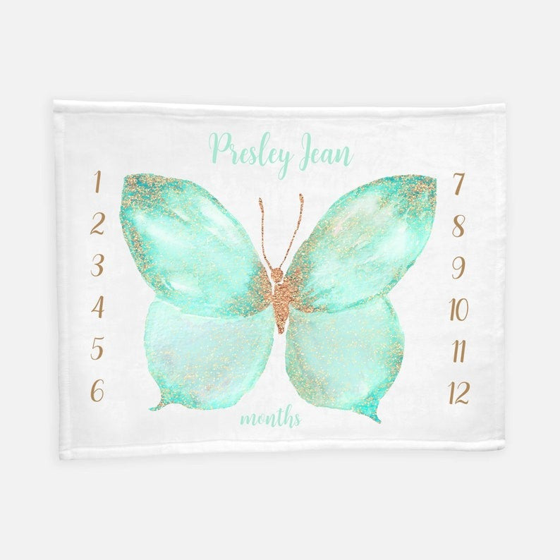 Mint Gold Butterfly Baby Milestone Blanket With Customized Name For Baby Girl Nursery, Daughter, Granddaughter, Month Gifts