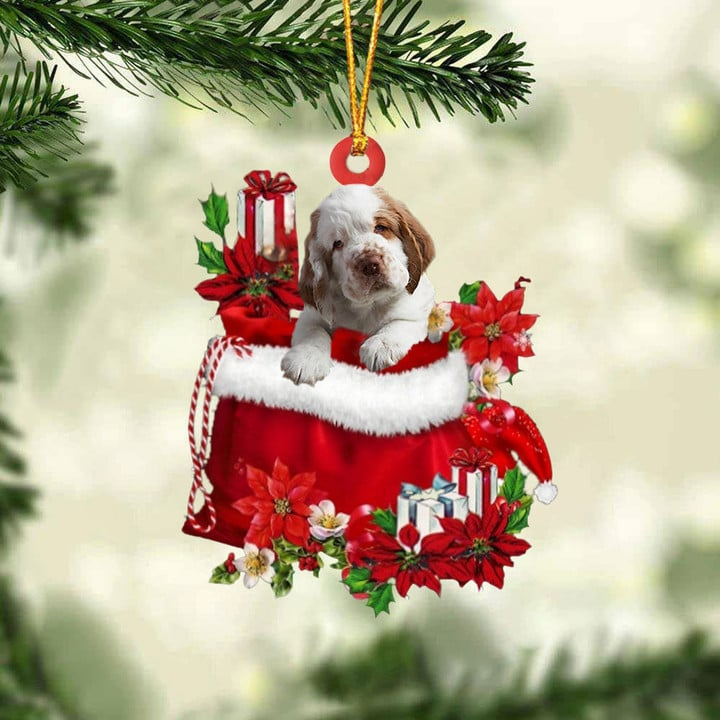 Personalized Name Clumber Spaniel In Red Gift Bag Acrylic Christmas Ornament, Customized Christmas Gift For Dog Lovers, Dog Mom