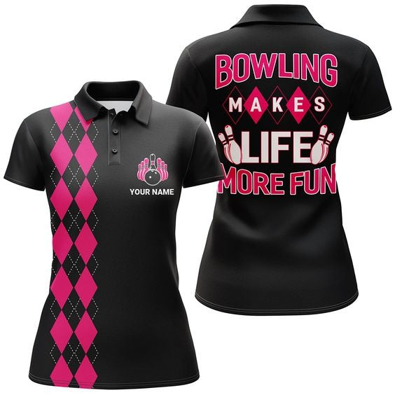 Customized Name Bowling Women Polo Shirt - Bowling Life Personalized Black Pink Pattern Polo Shirt - Gift For Lady, Bowlers, Bowling Lovers