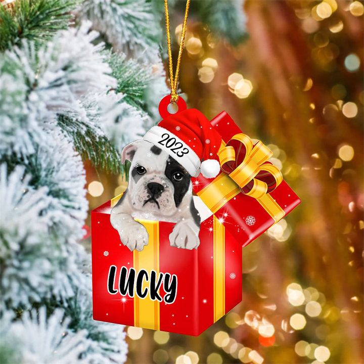 Custom Bulldog In Red Gift Box Acrylic Christmas Ornament Customized Name Pet Christmas Ornament - Gift For Dog Lovers, Pet Lovers
