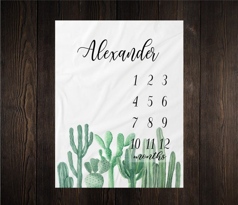 Succulent Cactus Baby Milestone Blanket With Customized Name For Baby Girl Boy Nursery, Daughter, Granddaughter, Son, Grandson, Month Gifts