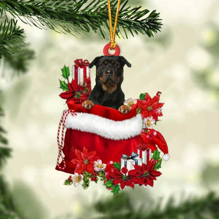 Personalized Name Rottweiler In Red Gift Bag Acrylic Christmas Ornament, Custom Christmas Gift For Dog Lovers, Dog Mom