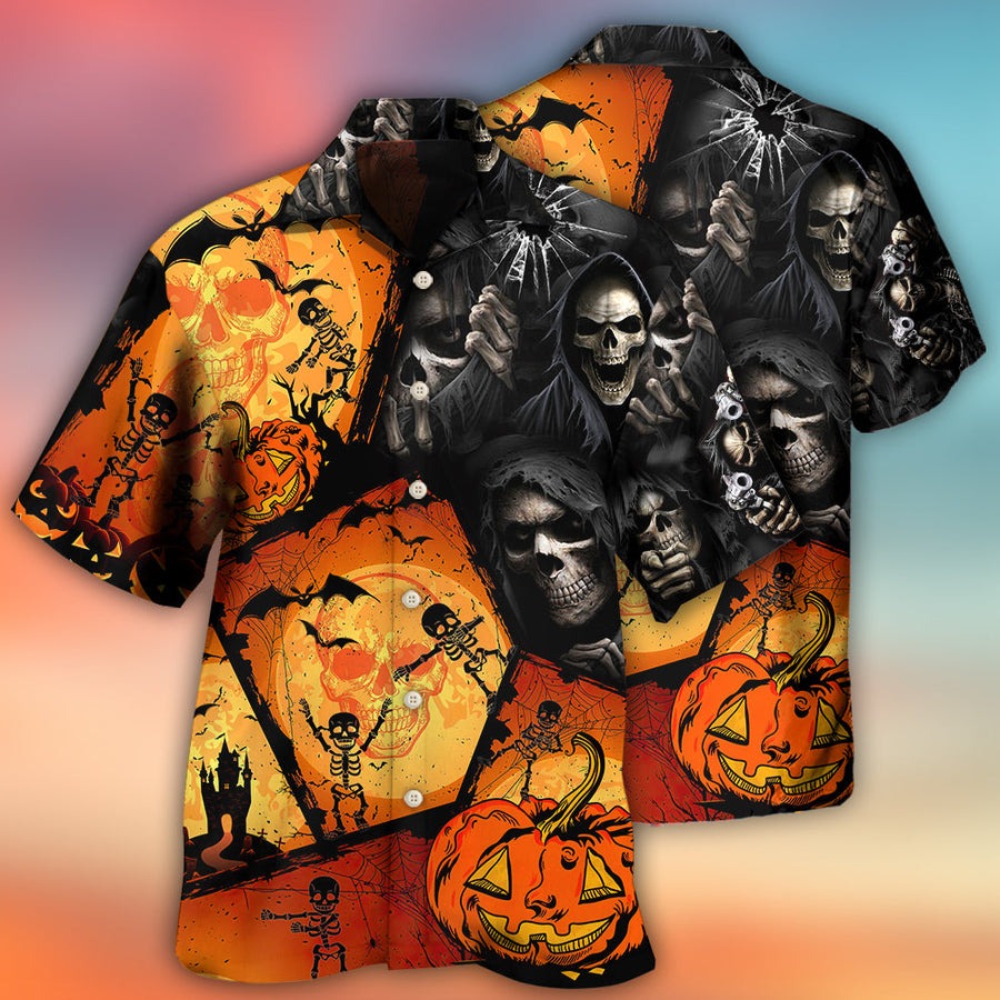 Halloween Death Hawaiian Shirt, Halloween Skull Pumpkin Scary Aloha Shirt For Men & Women - Halloween Gift For Members Family, Friends