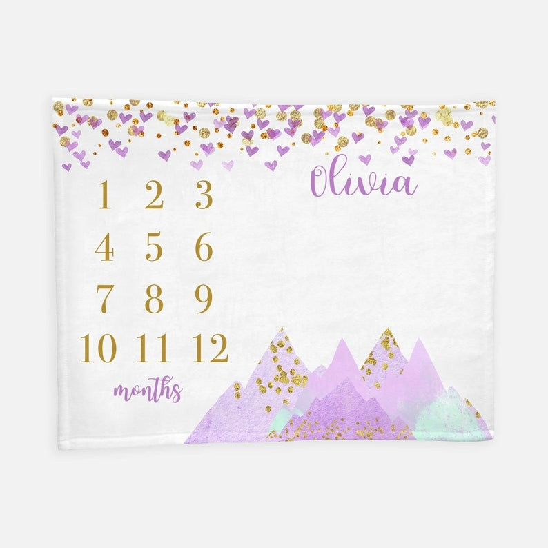 Baby Girl Adventure Baby Milestones Blanket, Mountains Milestones Blanket With Customized Name For Baby Girl Nursery, Daughter, Granddaughter