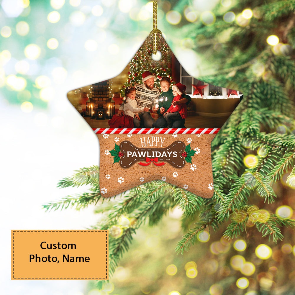 Custom Photo With Family Ceramic Ornament, Custom Photo Ornament With Pet, Happy Pawlidays - Christmas Ornament Gift For Members Family, Anniversary