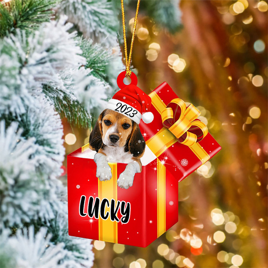 Custom Beagle In Red Gift Box Acrylic Christmas Ornament Customized Name Pet Christmas Ornament - Gift For Dog Lovers, Pet Lovers