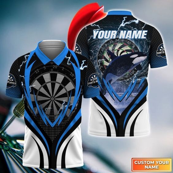 Customized Name Darts Men Polo Shirt, Blue Bullseye Dartboard Personalized Whale And Darts Polo Shirt - Gift For Darts Players, Darts Lovers