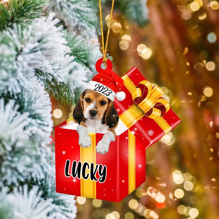 Custom Beagle In Red Gift Box Acrylic Christmas Ornament Customized Name Pet Christmas Ornament - Gift For Dog Lovers, Pet Lovers