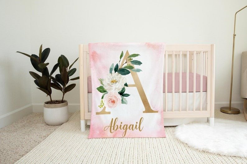 Monogram Floral Baby Kids Blanket With Customized Name For Baby Girl Nursery, Daughter, Granddaughter, Month Gifts