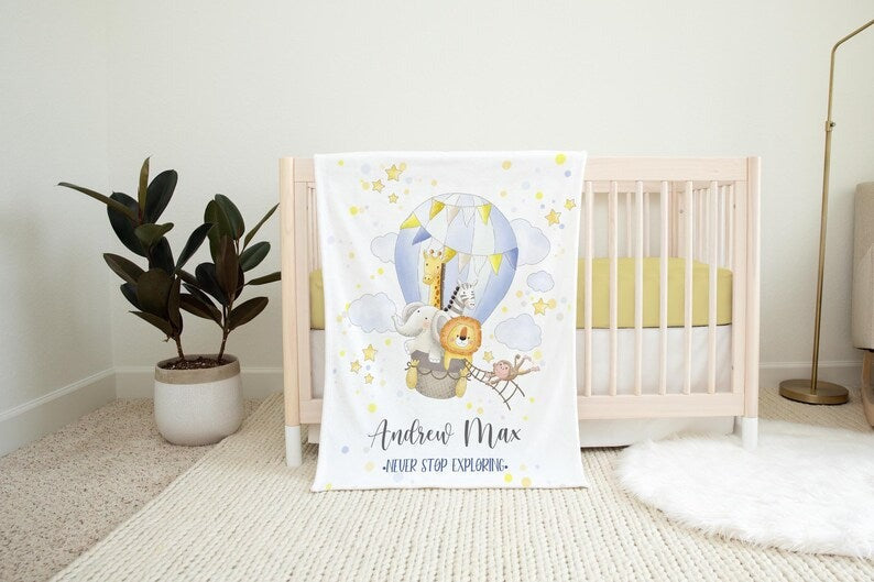Hot Air Balloon Baby Kids Blanket With Customized Name For Baby Boy Nursery, Son, Grandson, Month Gifts