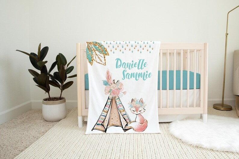 Fox Baby Kids Blanket, Elegant Woodland Baby Blanket With Customized Name For Baby Girl Nursery, Daughter, Granddaughter, Month Gifts