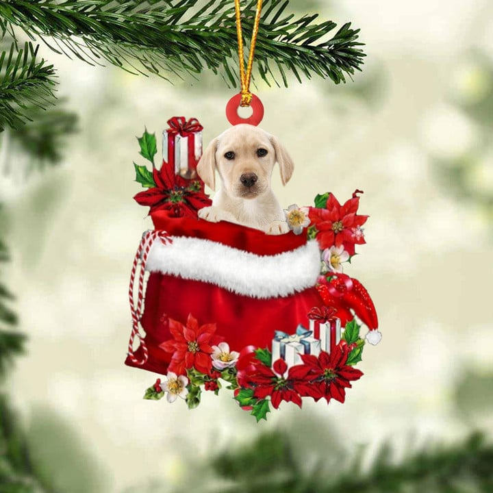 Personalized Name Yellow Labrador In Red Gift Bag Acrylic Christmas Ornament, Customized Christmas Gift For Dog Lovers, Dog Mom