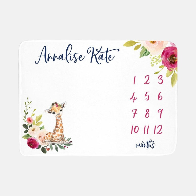 Safari Giraffe Floral Baby Milestone Blanket With Customized Name For Baby Girl Nursery, Daughter, Granddaughter, Month Gifts