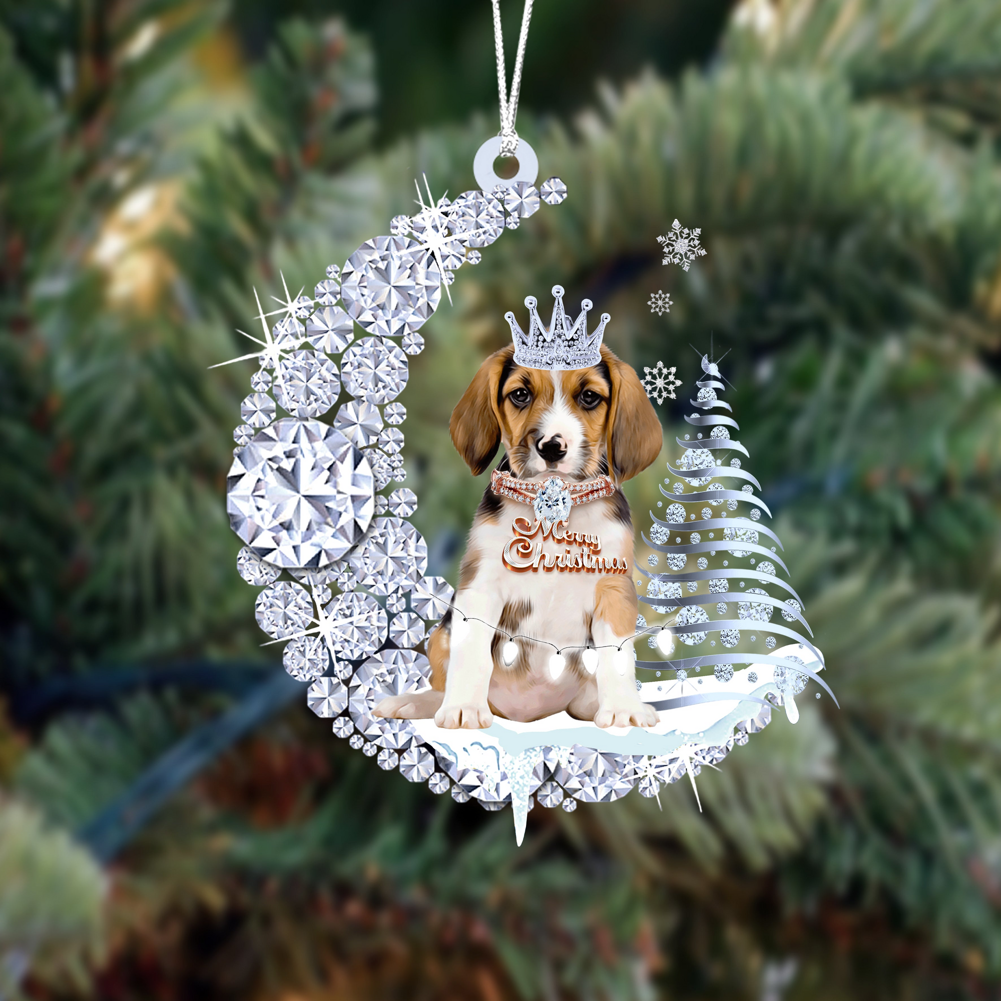 Custom Name Beagle Diamond Moon Merry Christmas Mica Ornament - Best Gift For Dog Lovers, Dog Owners