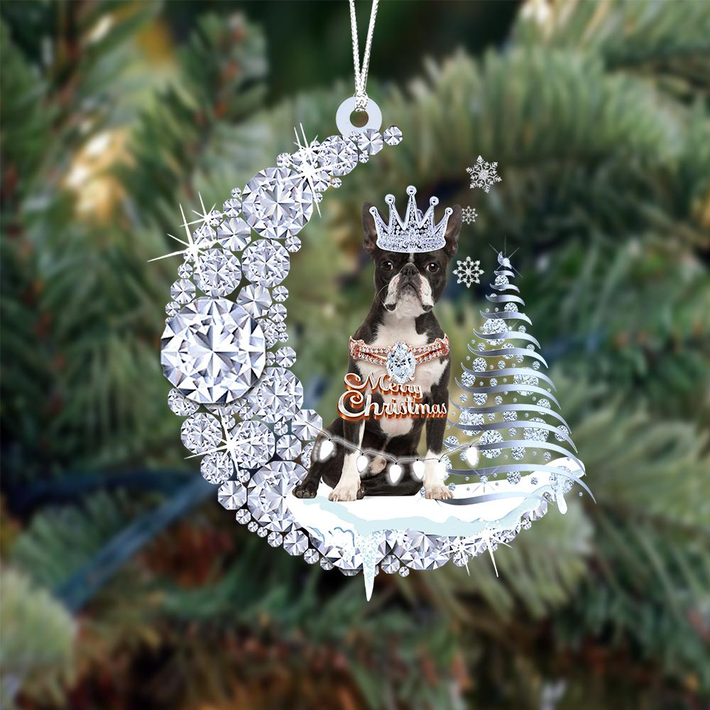 Customized Boston Terrier Diamond Moon Merry Christmas Mica Ornament - Best Gift For Dog Lovers, Dog Owners
