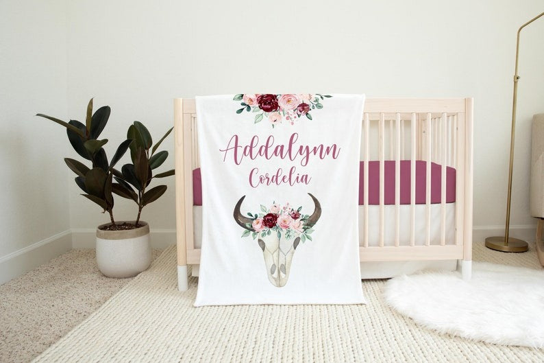 Boho Cow Skull Baby Kids Blanket With Customized Name For Baby Girl Nursery, Daughter, Granddaughter, Month Gifts