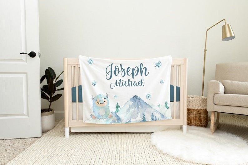 Yeti Mountains Baby Kids Blanket With Customized Name For Baby Boy Girl Nursery, Daughter, Granddaughter, Son, Grandson