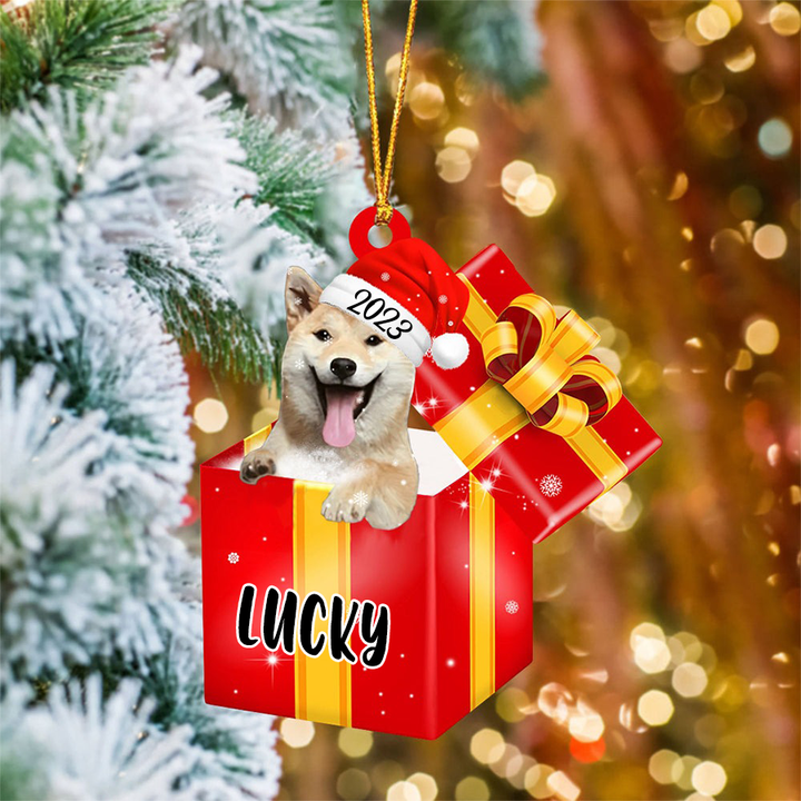 Customized Shiba Inu In Red Gift Box Acrylic Christmas Ornament Custom Name Pet Christmas Ornament - Gift For Dog Lovers, Pet Lovers