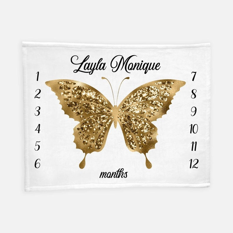 Gold Butterfly Baby Milestone Blanket With Customized Name For Baby Girl Nursery, Daughter, Granddaughter, Month Gifts