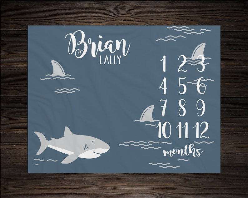 Shark Baby Kids Milestone Blanket With Customized Name For Baby Boy Nursery, Son, Grandson, Month Gifts