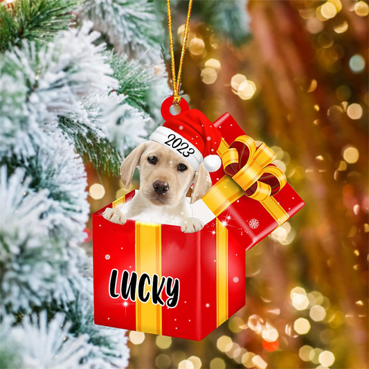 Customized Yellow Labrador In Red Gift Box Acrylic Christmas Ornament Personalized Pet Christmas Ornament - Gift For Dog Lovers, Pet Lovers