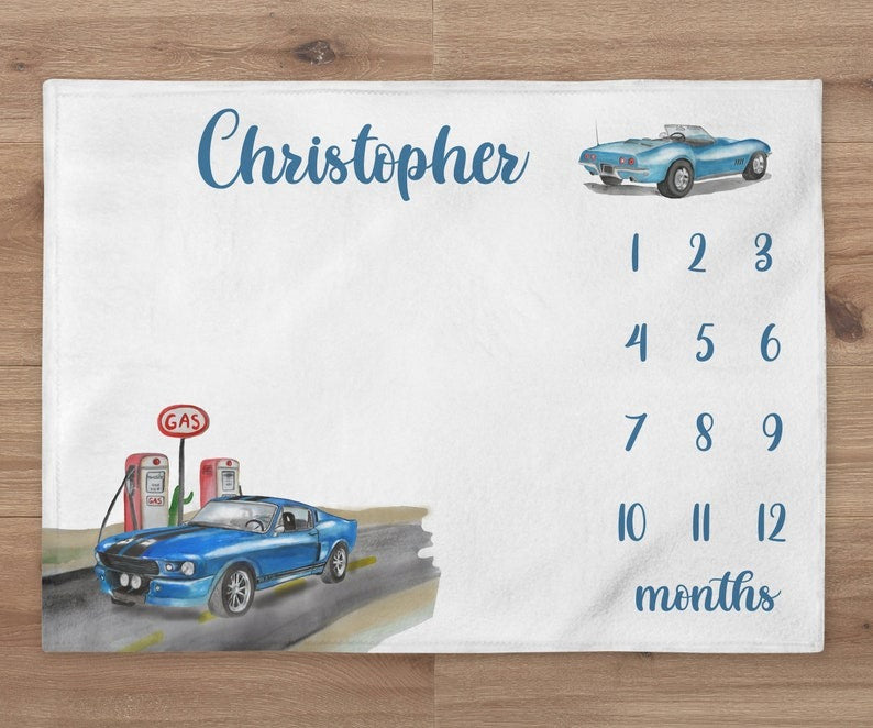 Blue Car Baby Kids Milestone Blanket With Customized Name For Baby Boy Nursery, Son, Grandson, Month Gifts
