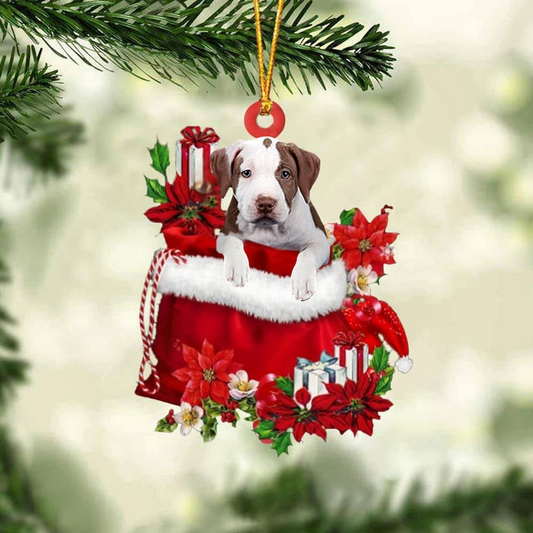 Personalized Name Pit Bull In Red Gift Bag Acrylic Christmas Ornament, Customized Christmas Gift For Dog Lovers, Dog Mom