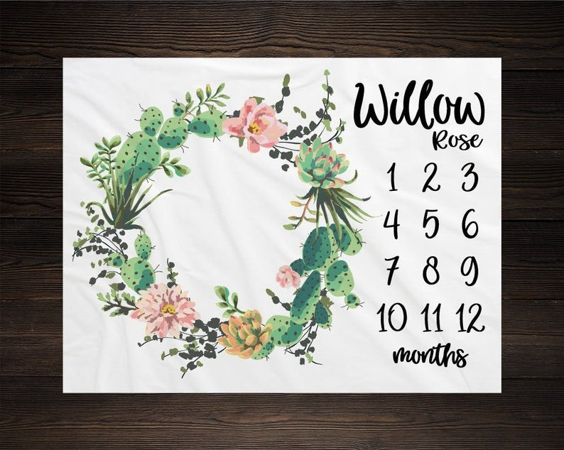 Cactus Wreath Baby Kids Milestone Blanket With Customized Name For Baby Girl Nursery, Daughter, Granddaughter, Month Gifts