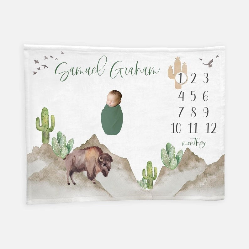 Bison Buffalo Cactus Baby Milestone Blanket With Customized Name For Baby Boy Girl Nursery, Son, Grandson, Daughter, Granddaughter