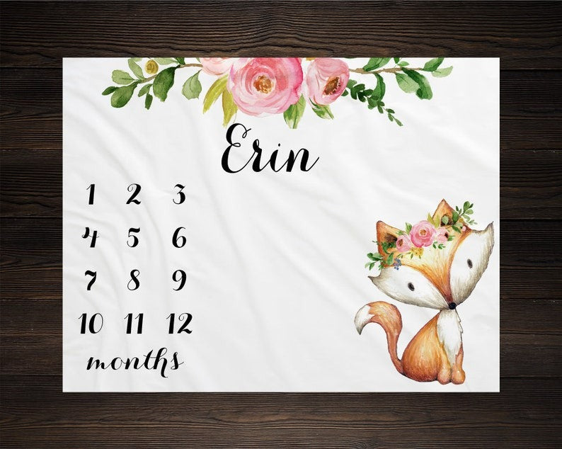 Lovely Fox Floral Baby Milestone Blanket With Customized Name For Baby Girl Nursery, Daughter, Granddaughter