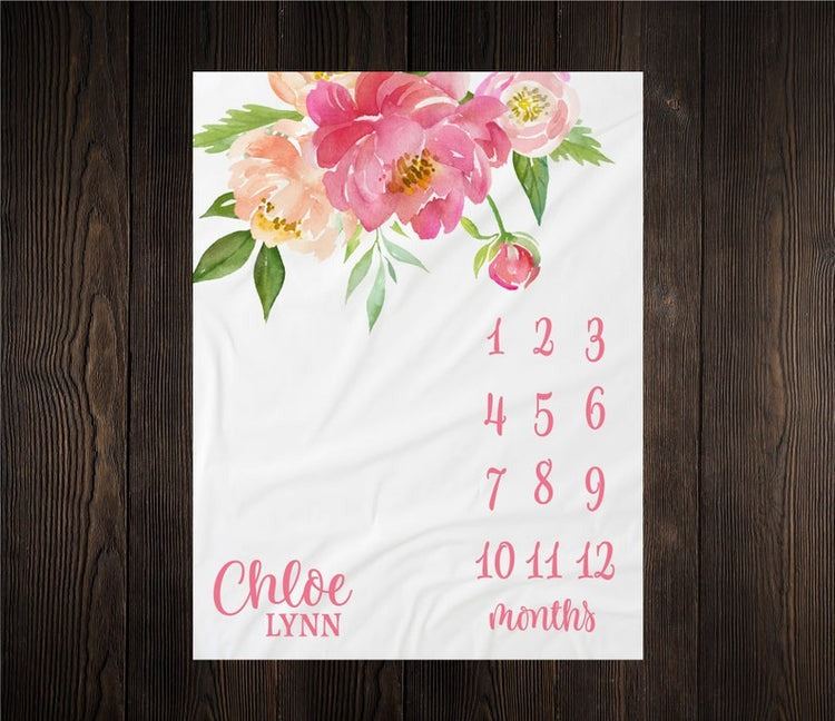 Peony Flower Baby Kids Milestone Blanket With Customized Name For Baby Girl Nursery, Daughter, Granddaughter, Month Gifts