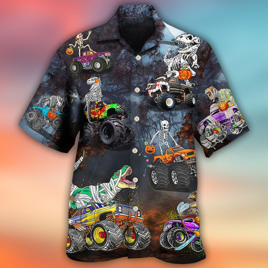 Halloween Hawaiian Shirt, Halloween Skeleton Dinosaur Driving Monster Truck Aloha Shirt For Men & Women - Halloween Gift For Members Family, Friends