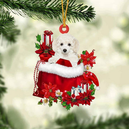 Custom Poodle In Red Gift Bag Acrylic Christmas Ornament, Personalized Name Christmas Gift For Dog Lovers, Dog Mom