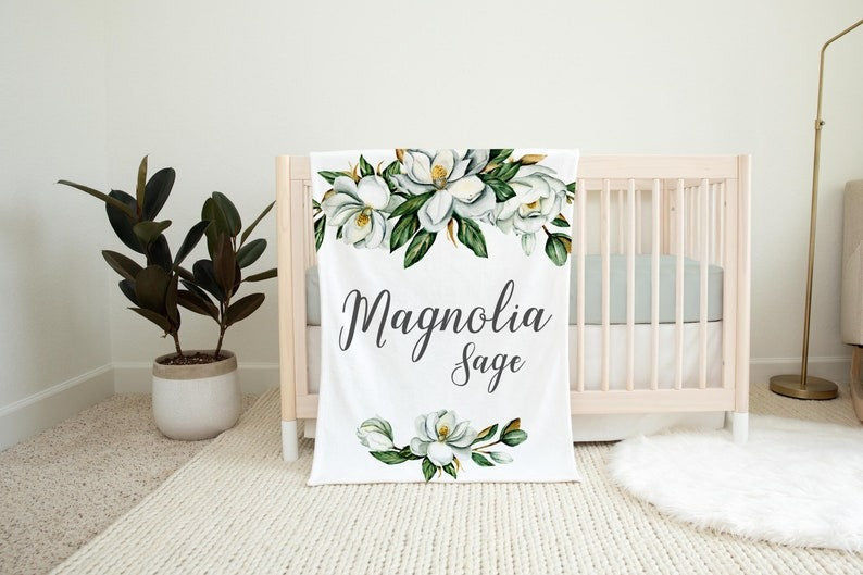 Magnolia Blossom Baby Girl Blanket, Mint Magnolia Blanket For Baby Girl Nursery, Daughter, Granddaughter