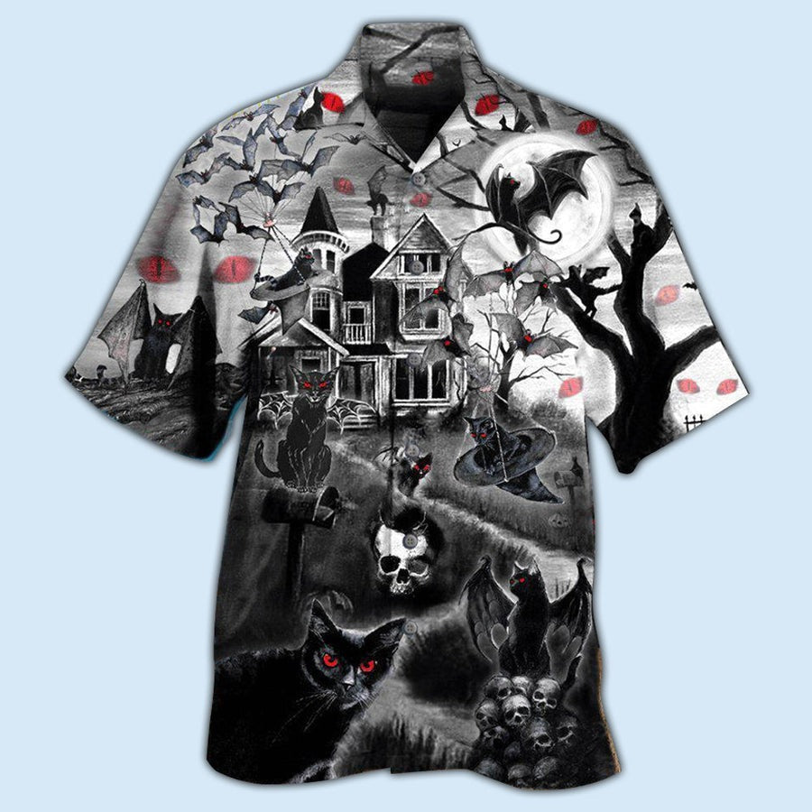 Halloween Black Cat Hawaiian Shirt, Black Cat Flying Horror Night Halloween Aloha Shirt For Men & Women - Halloween Gift For Members Family, Friends