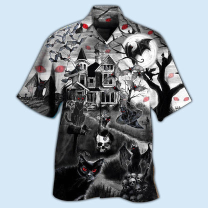 Halloween Black Cat Hawaiian Shirt, Black Cat Flying Horror Night Halloween Aloha Shirt For Men & Women - Halloween Gift For Members Family, Friends