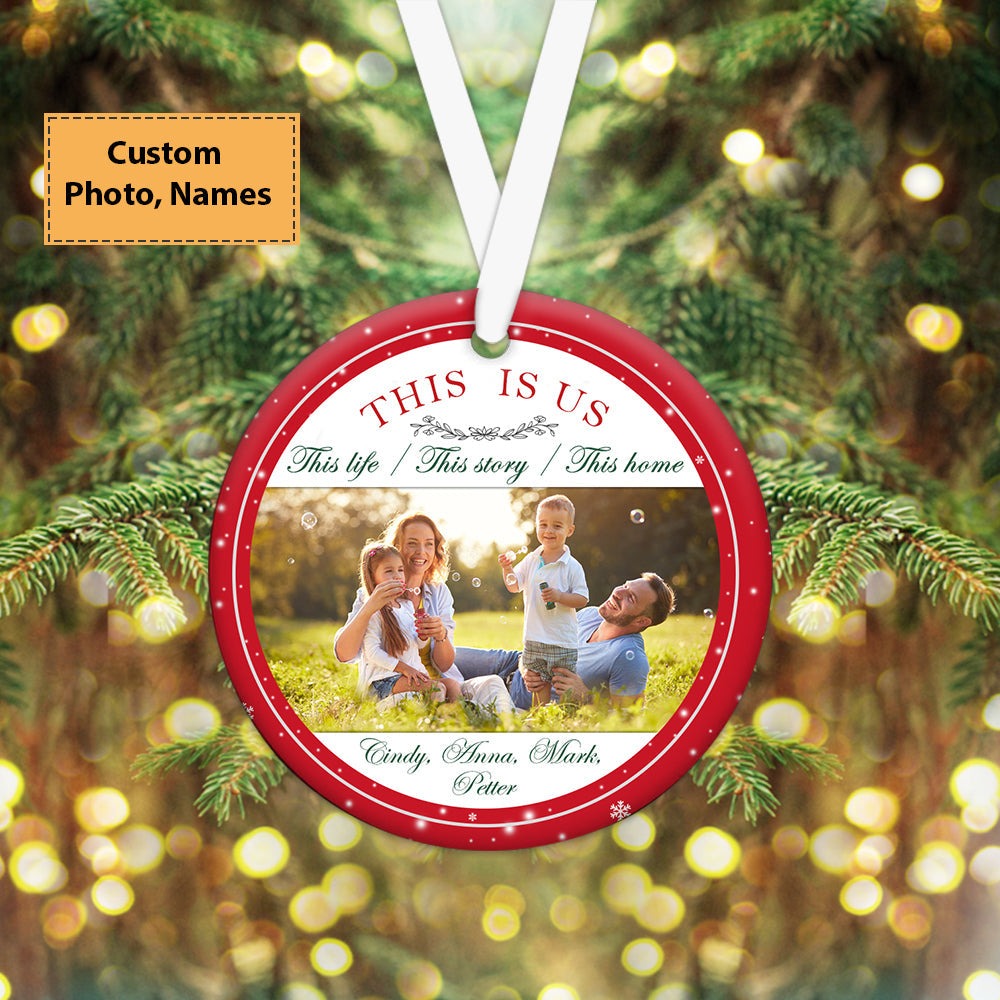 Custom Family Photo Ceramic Ornament, Custom Photo Ornament With Peaceful House, This Is Us - Christmas Ornament Gift For Members Family, Anniversary