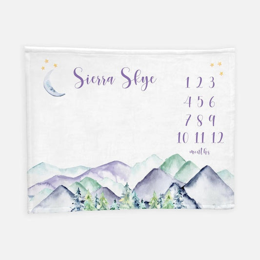 Purple Mountains Baby Milestone Blanket With Customized Name For Baby Girl Nursery, Daughter, Granddaughter