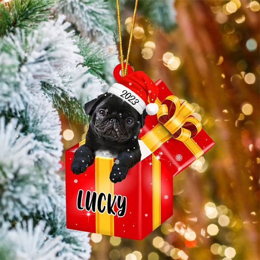 Customized Pug In Red Gift Box Acrylic Christmas Ornament Personalized Pet Christmas Ornament - Gift For Dog Lovers, Pet Lovers