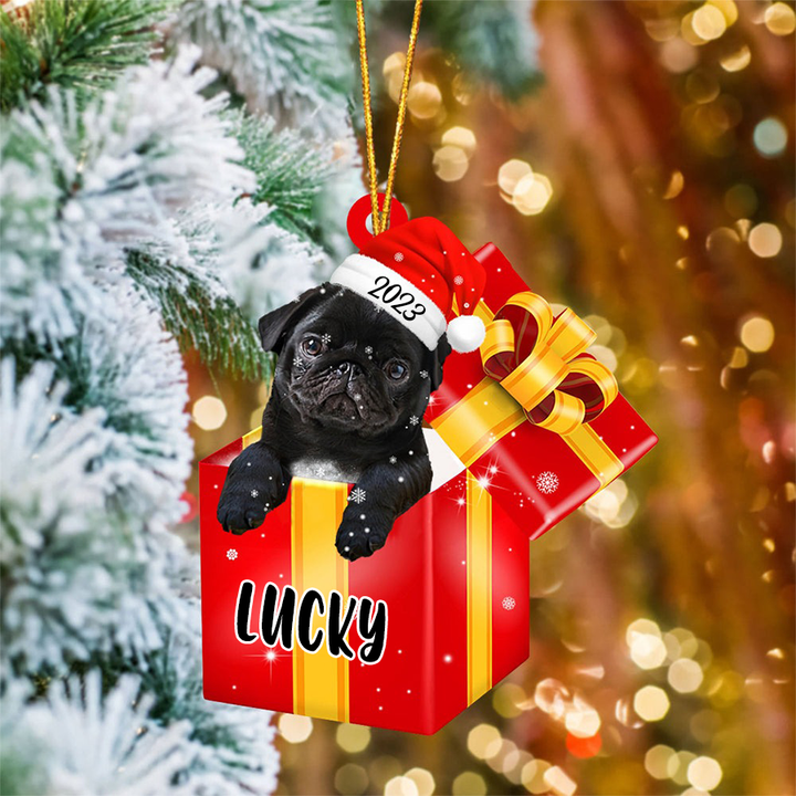 Customized Pug In Red Gift Box Acrylic Christmas Ornament Personalized Pet Christmas Ornament - Gift For Dog Lovers, Pet Lovers