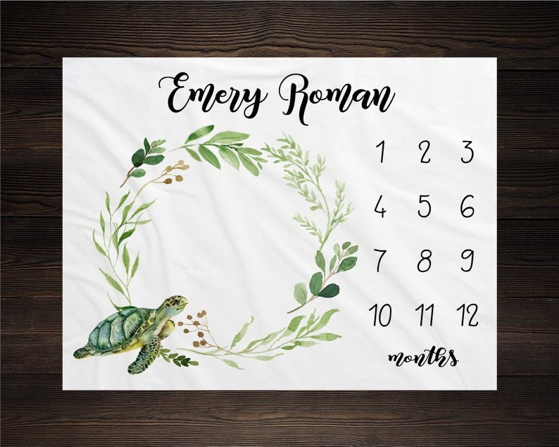 Turtle Growth Tracker Baby Kids Milestone Blanket With Customized Name For Baby Girl Boy Nursery, Daughter, Granddaughter, Son, Grandson, Month Gifts