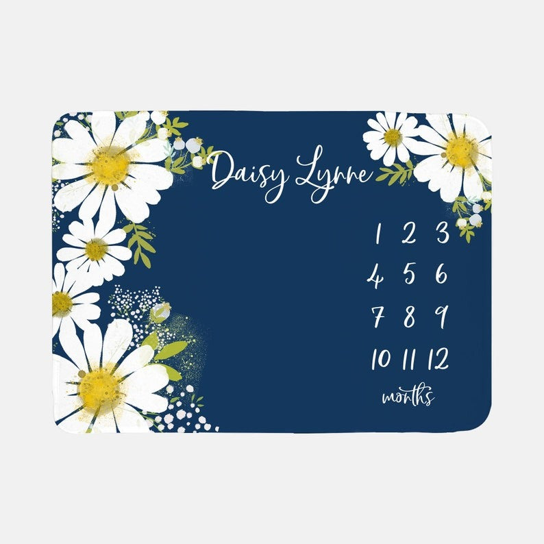 Daisy Flowers Baby Milestone Blanket With Customized Name For Baby Girl Nursery, Daughter, Granddaughter