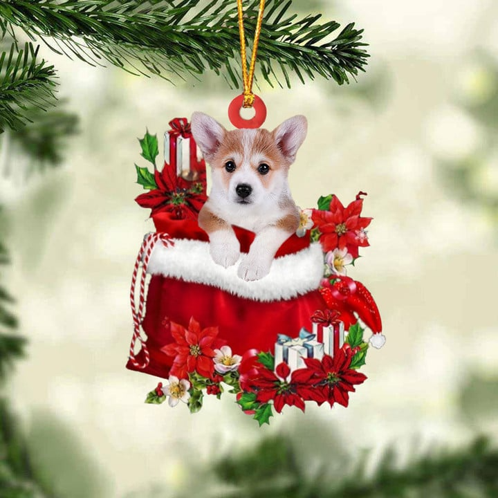 Personalized Corgi In Red Gift Bag Acrylic Christmas Ornament, Custom Name Christmas Gift For Dog Lovers, Dog Mom