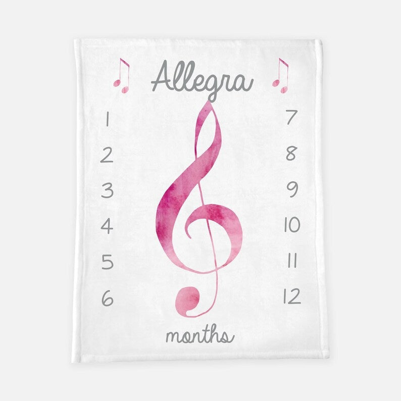 Music Note Baby Milestone Blanket With Customized Name For Baby Girl Nursery, Daughter, Granddaughter