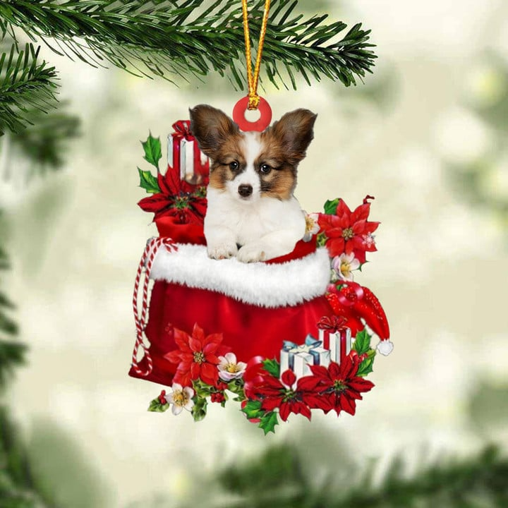 Personalized Papillon In Red Gift Bag Acrylic Christmas Ornament, Custom Name Christmas Gift For Dog Lovers, Dog Mom