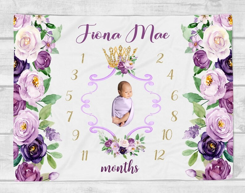 Princess Crown Floral Baby Kids Milestone Blanket With Customized Name For Baby Girl Nursery, Daughter, Granddaughter, Month Gifts